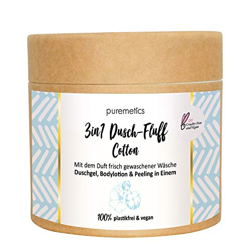 puremetics 3in1 Dusch-Fluff “Cotton“ (250g) | Duschgel, Peeling und Lotion in Einem | 100% vegan...